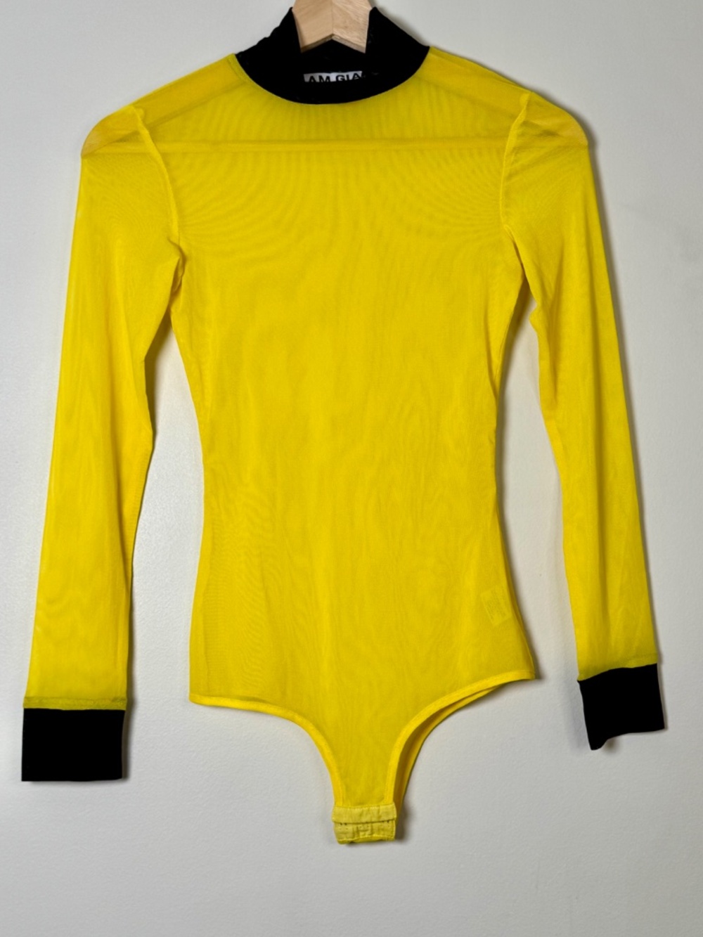 I.AM.GIA Yellow Mesh Long Sleeve Bodysuit Mock Turtleneck Black Trim Sz XS